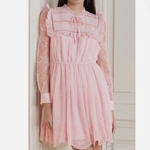 SELF-PORTRAIT Dress size 4 Dusty Pink Chiffon Mini Embroidered Lace Ruffle NWT